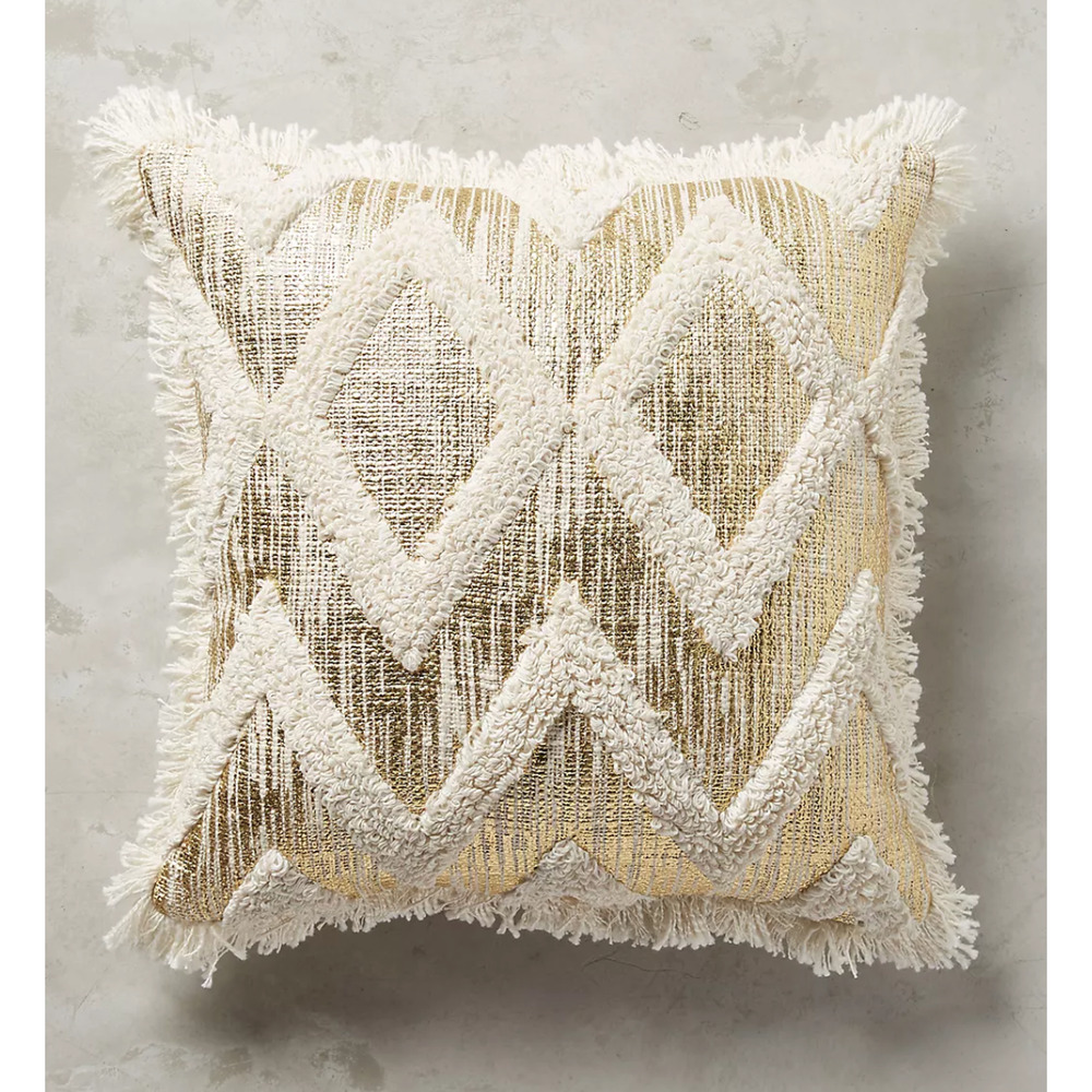 Anthropologie Throw Pillow Foil Fringe Gold Boho 18" x 18" -- Sold-out Online